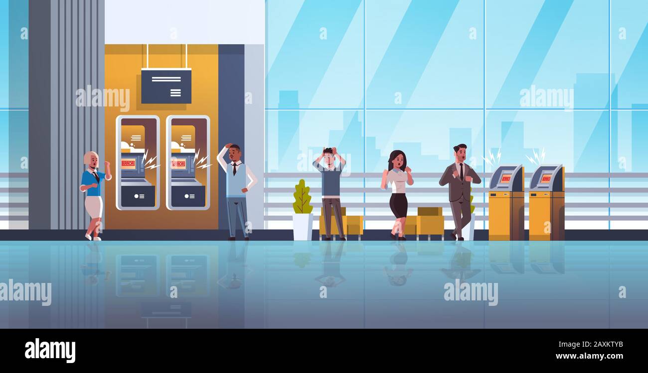 Sad People Near Atm Machine With No Money Error Notification