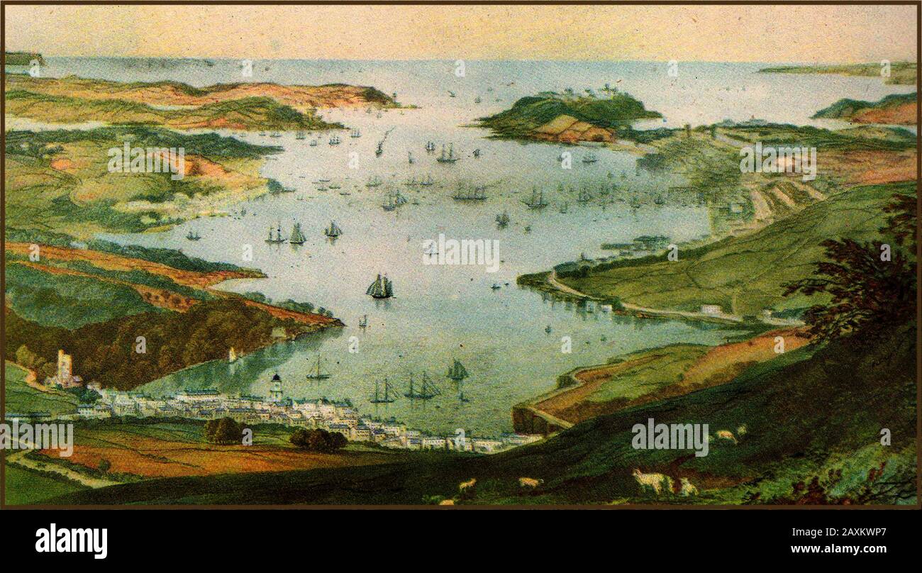 A distant view of Falmouth & Falmouth harbour (Cornwall, England)  in colour in 1840. A year earlier Falmouth was the scene of the great gold dust robbery when £47,600 worth of Brazilian  gold dust   was stolen when it arrived at the port. Less than 20 years later Falmouth Docks were developed. Falmouth has served as  the start or finish of various round-the-world record-breaking voyages, including those of Robin Knox-Johnston and Dame Ellen MacArthur Stock Photo