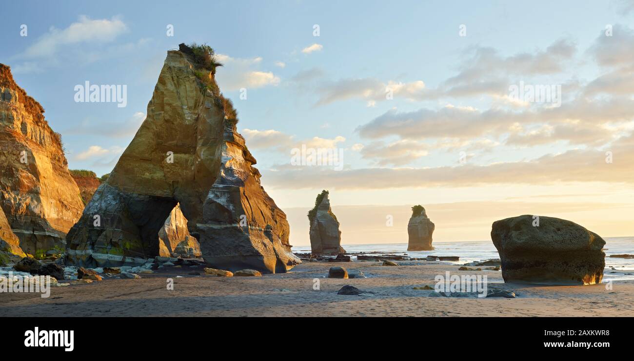 Coast at the Three Sisters, Taranaki, North Island, New Zealand, Oceania Stock Photo