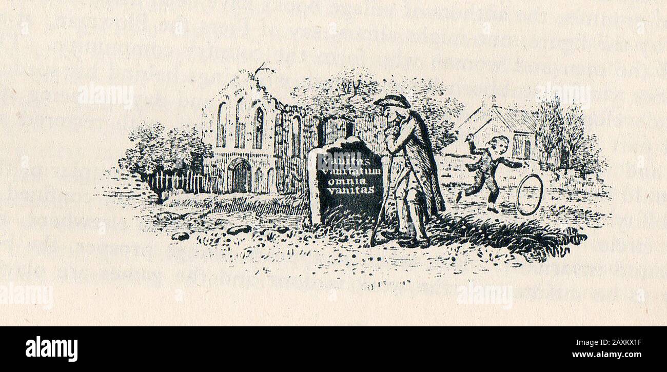 An old engraving showing a man in the 1700's in a graveyard reading a tombstone with the inscription VANITAS VANITATUM OMNIA VANITAS  (Translates as Vanity of vanities; everything  is vanity)  whilst near to  a ruined church a boy runs by playing with   with a  hoop and stick. Vanity is considered one of the seven deadly sins Stock Photo