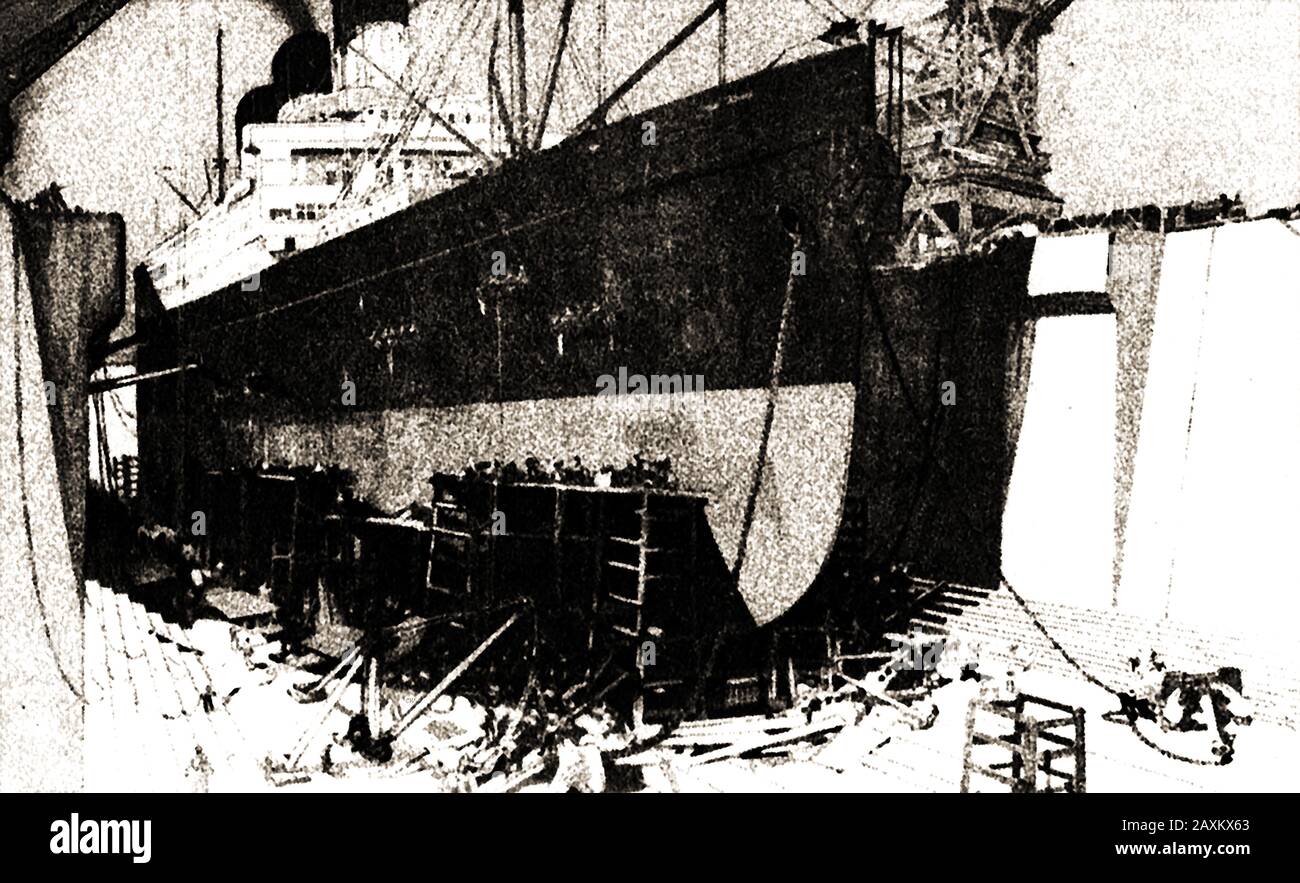 A sketch of the  R M S  MAJESTIC  (White Star ocean liner) in Southampton Graving Dock c1940's. Originally built as the SS Bismarck and later became a  Royal Navy training ship being  renamed HMS Caledonia narrowly  surviving being scrapped by Thomas Ward . She was once the largest  ship in the world. She ended her days  after catching fire in 1939 and sinking. She was   raised again and scrapped in 1943 Stock Photo