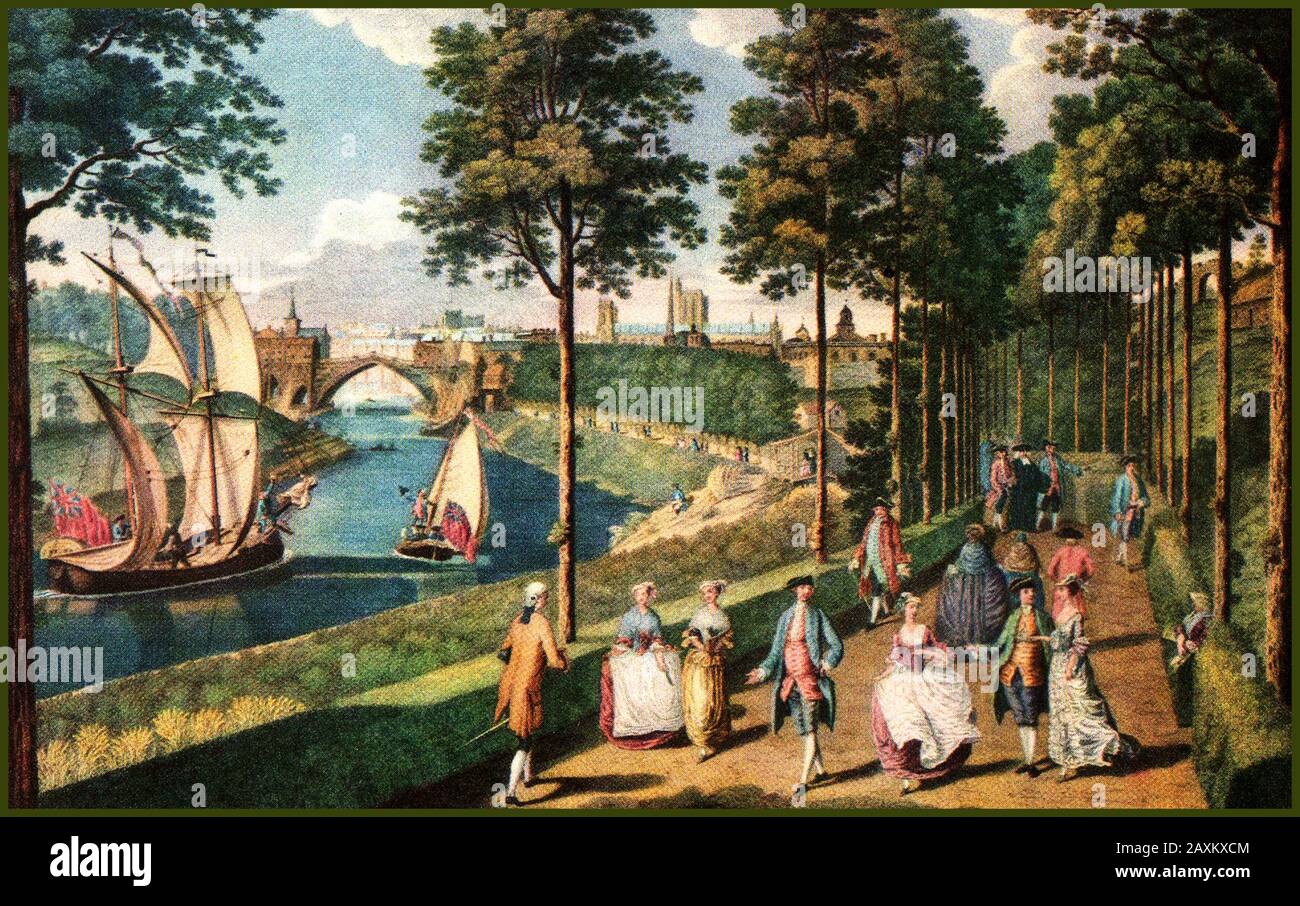 An 18th century coloured print showing a view of the city of York (England) looking towards the city from the river, showing the former  medieval Ouse Bridge and St William’s Chapel at one end, which was later, after the Reformation, transformed into apartments. It was  demolished in 1810 and the current bridge  completed in 1821. The Georgian pathway or promenade in the picture , 'New Walk'  was created in the 1730's and was popular with the gentry who saw it as a quiet space for the fashion conscious to stroll and socialise away from the bustling narrow streets of the city. Stock Photo
