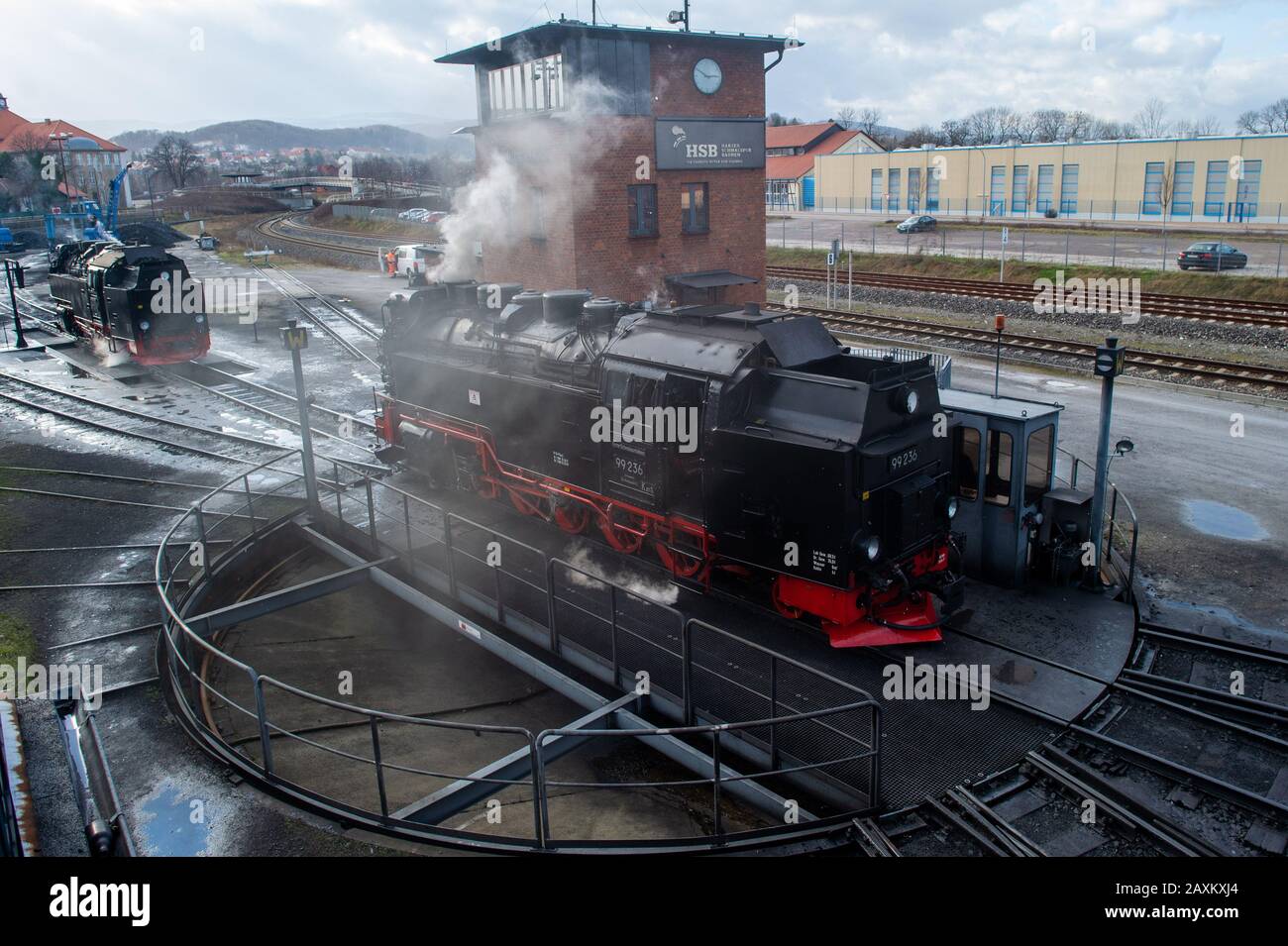 Wernigerode, Germany. 12th Feb, 2020. A steam locomotive of the Harzer Schmalspurbahnen (HSB) returns to the locomotive shed at Wernigerode station in the early afternoon. The clean-up work on the railway company's tracks had not yet been fully completed by the afternoon. The trains from Wernigerode only went as far as Drei Annen Hohne. Credit: Klaus-Dietmar Gabbert/dpa-Zentralbild/ZB/dpa/Alamy Live News Stock Photo