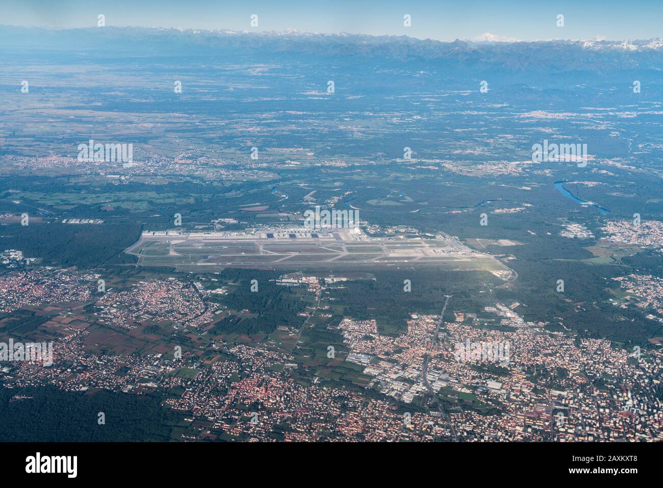 Malpensa airport seen from airplane, Milan, Lombardy, Italy Stock Photo