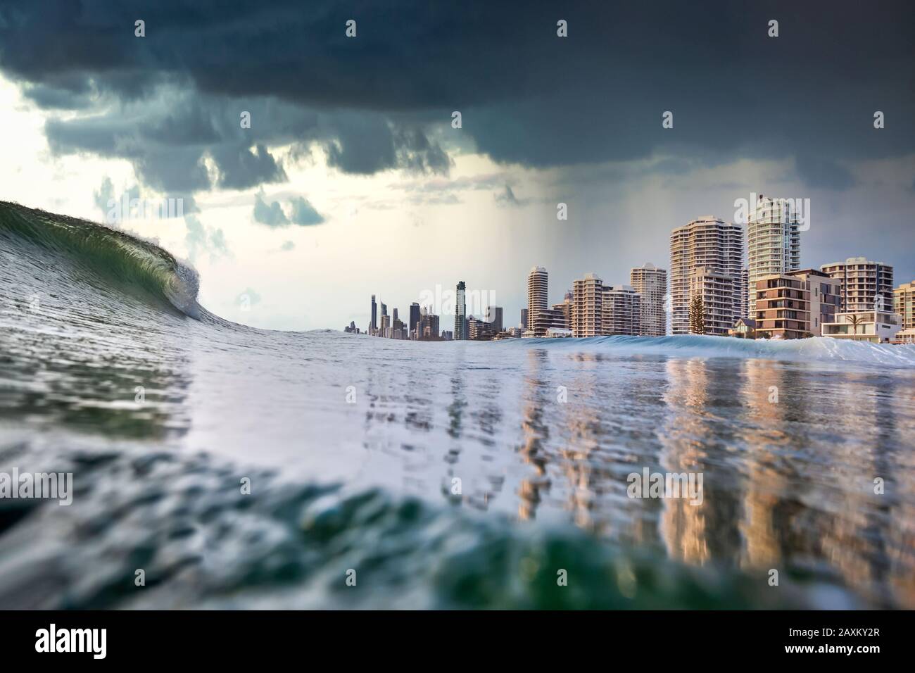 Gold Coast, Australia, A tsunami like king tide, thunderstorms and rain aproach the buildings of Surfers paradise Stock Photo