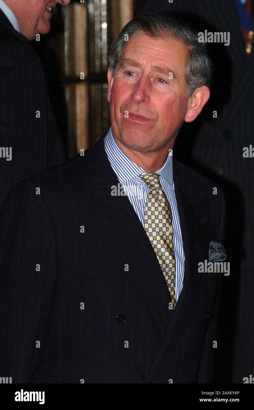 Prince Charles leaving Goldsmith's Hall in the City of London, on the day Clarence House announces that the Prince of Wales and Mrs Parker Bowles will marry in a civil ceremony on Friday April 8 at Windsor Castle. The wedding will be followed by a service of prayer and dedication in St George's Chapel, at which the Archbishop of Canterbury will preside. Stock Photo