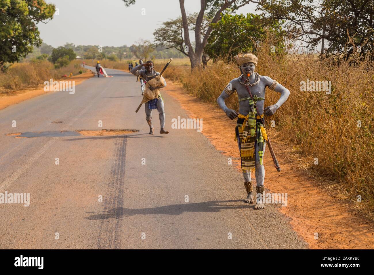 Bissau, Republic of Guinea-Bissau - January 11, 2020: young men warriors with traditionally painted face Stock Photo