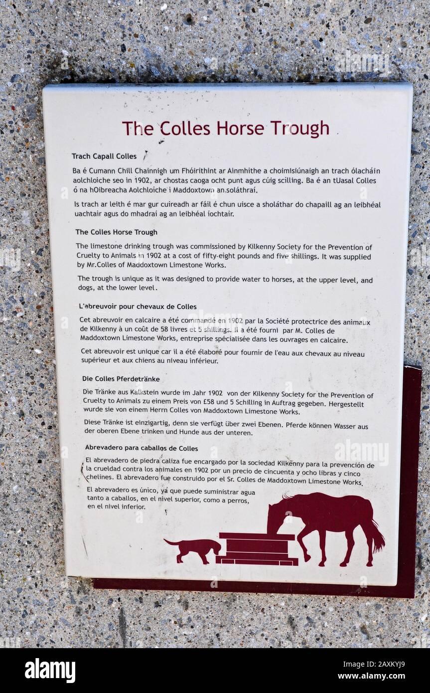 Information notice on the Colles Horse Trough, Kilkenny. Stock Photo