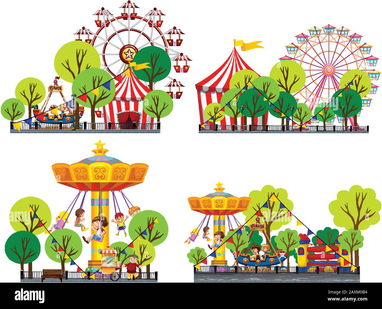 Four scenes of circus with many rides illustration Stock Vector Image ...