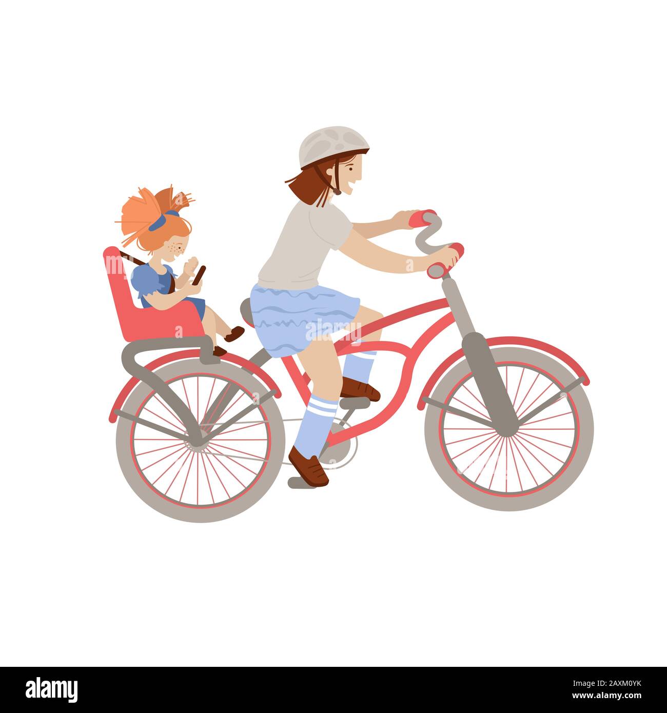 Cute pre-teen or teenager girl riding a bicycle with little girl on back Child Bike Seat, Baby Carrier Seat. Two Girls, Children on bicycle - vector Stock Vector
