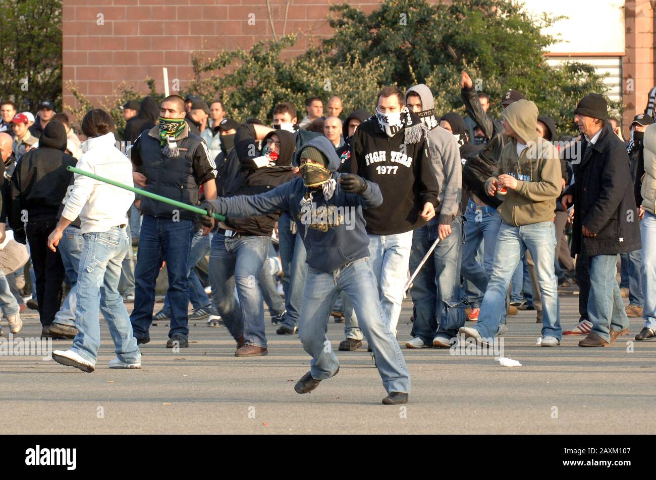 Juventus Football fans clash with Liverpool fans and police when the two  teams met in Turin in 2005. It was the first clash since the Heysel stadium  disaster in 1985 when 39