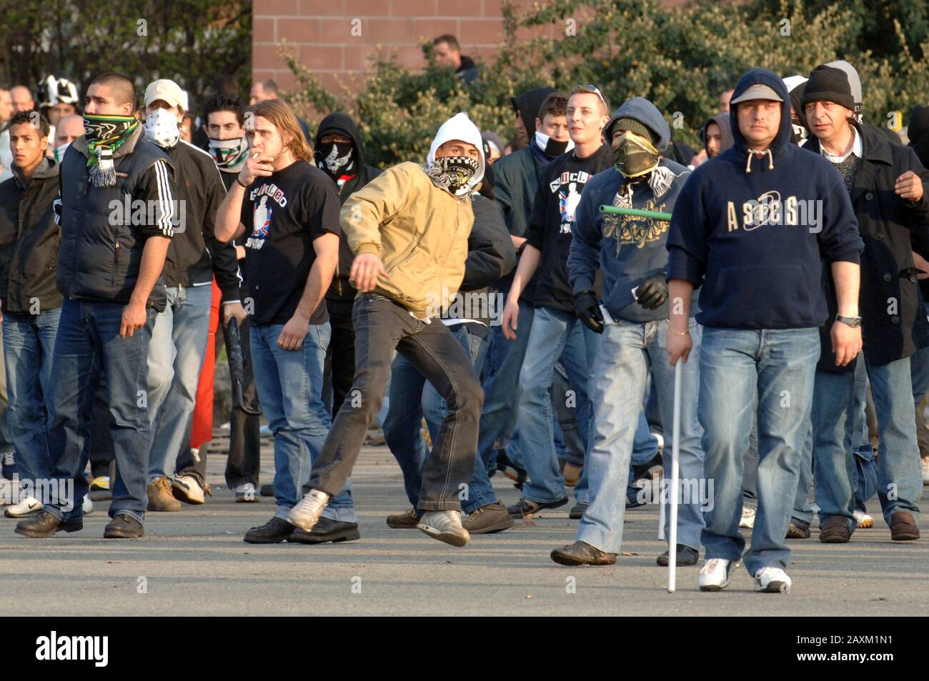 Juventus Football fans clash with Liverpool fans and police when the two teams met in Turin in 2005. It was the first clash since the Heysel stadium disaster in 1985 when 39 people lost their lives. Stock Photo