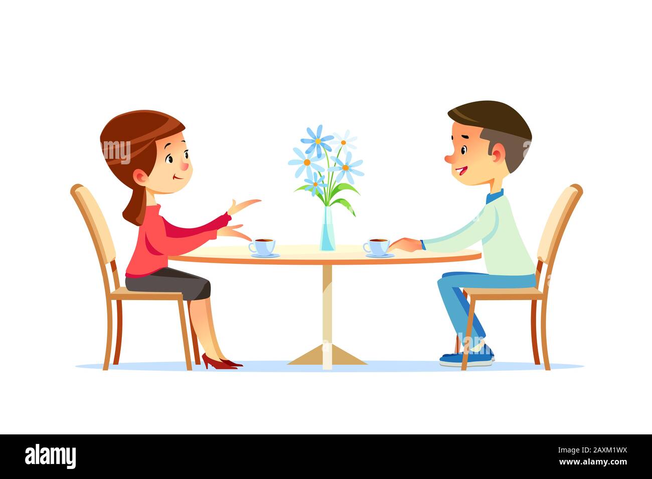 Cute couple sitting at table, drinking tea or coffee and talking. Young  funny man and woman at cafe on date. Dialog or conversation between  romantic Stock Vector Image & Art - Alamy
