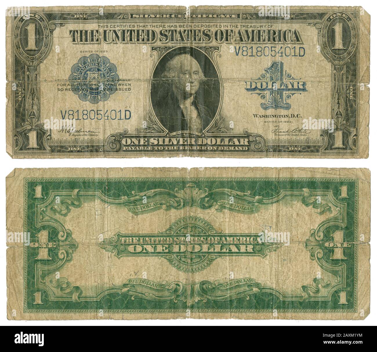 Antique 1923 United States of America $1 silver certificate, obverse and reverse. Stock Photo