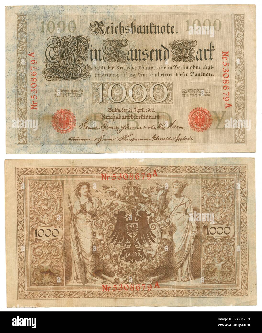 Antique 1910 German 1000 mark currency bank note, obverse and reverse. Stock Photo
