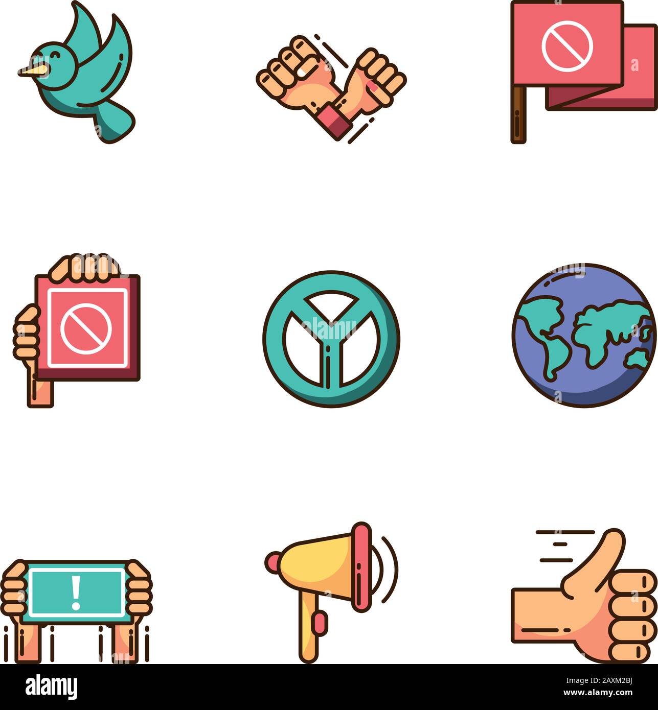 cartoon icon set of protest concept over white background, colorful ...