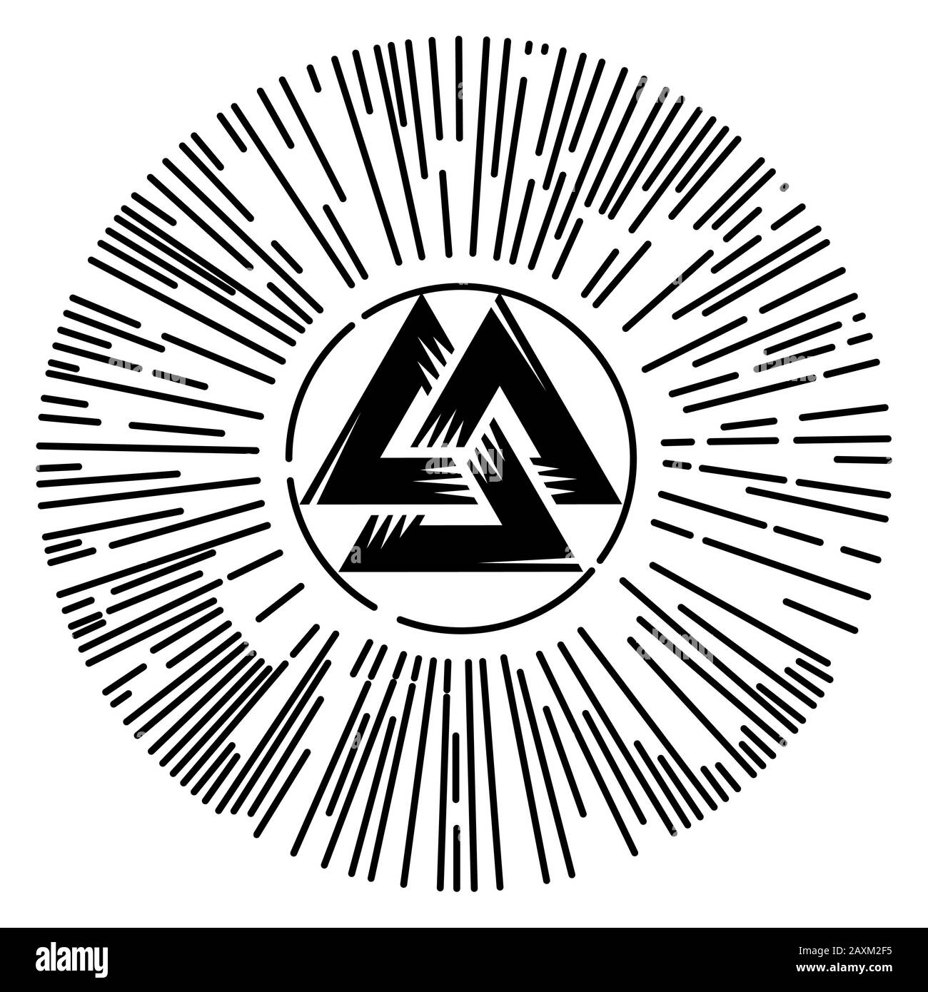 Valknut, sign of God Odin. Odins sign inscribed in the sun with rays Stock Vector