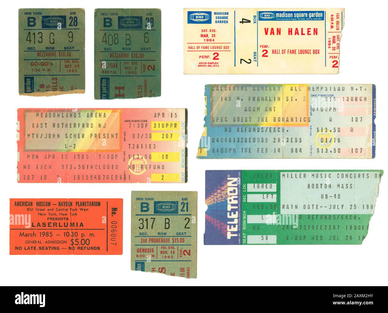 Group of early to mid 1980s rock concert ticket stubs.  Go-Go’s 1982 Madison Square Garden;  Rush 1982 Madison Square Garden;  Van Halen 1984 Madison Square Garden;  U2 1985 Meadowlands Arena;  Adam Ant 1984 Calderone Concert Hall;  Laserlumia 1985 Hayden Planetarium;  Genesis 1983 Madison Square Garden;  UB40 1985 Miller Music Concerts on the Common Stock Photo