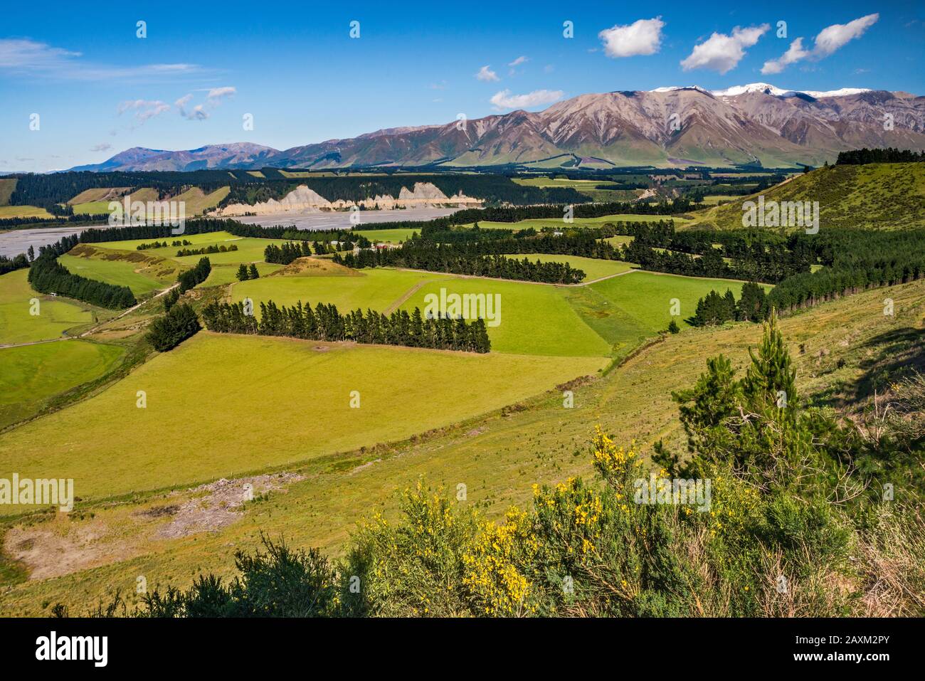 Rakaia River valley, Mount Hutt range, Southern Alps, in distance, from Rakaia Gorge Road, near Methven, Canterbury Region, South Island, New Zealand Stock Photo