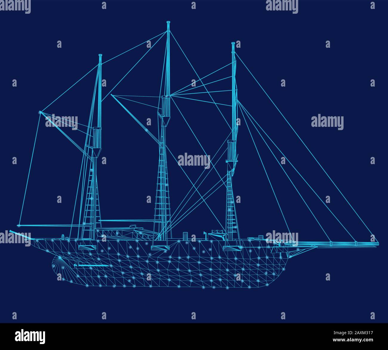 Wireframe of a sailing ship of blue lines on a dark background. Side view. Vector illustration. Stock Vector