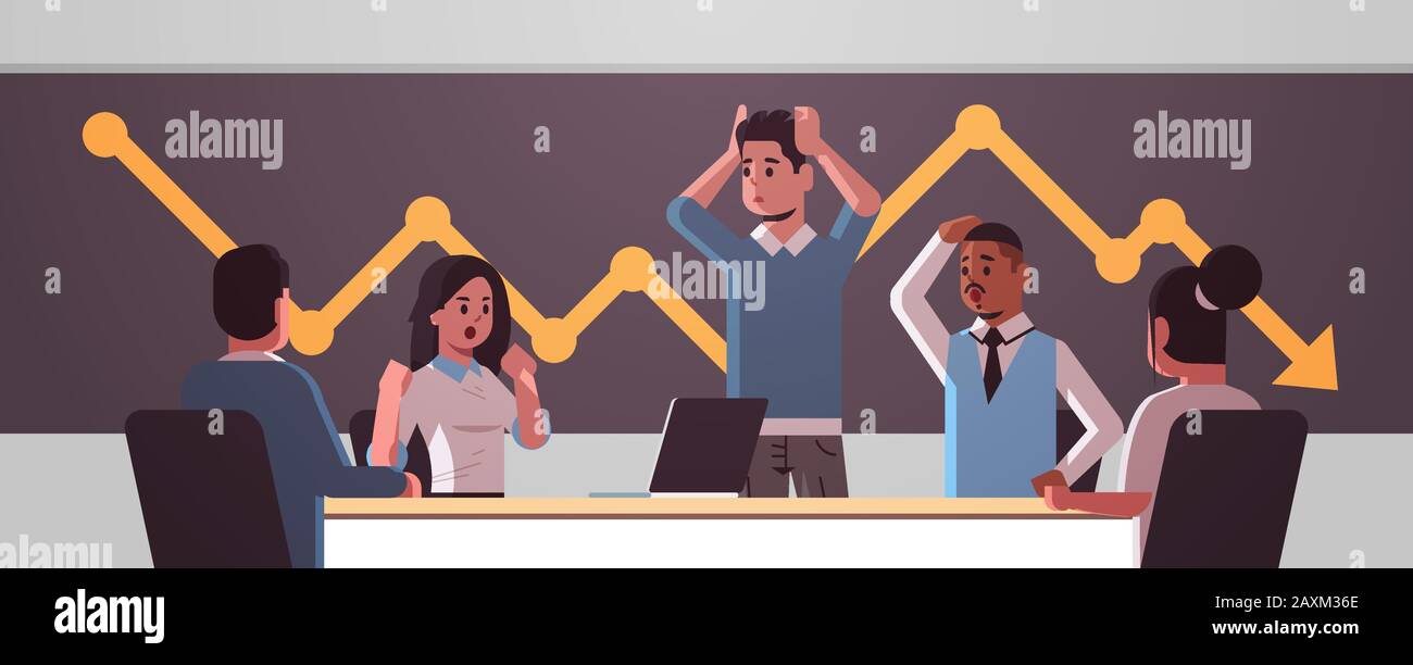 businesspeople team frustrated about falling economic graph arrow fall down financial crisis bankrupt investment risk concept mix race stressed employees sitting at round table horizontal portrait vector illustration Stock Vector