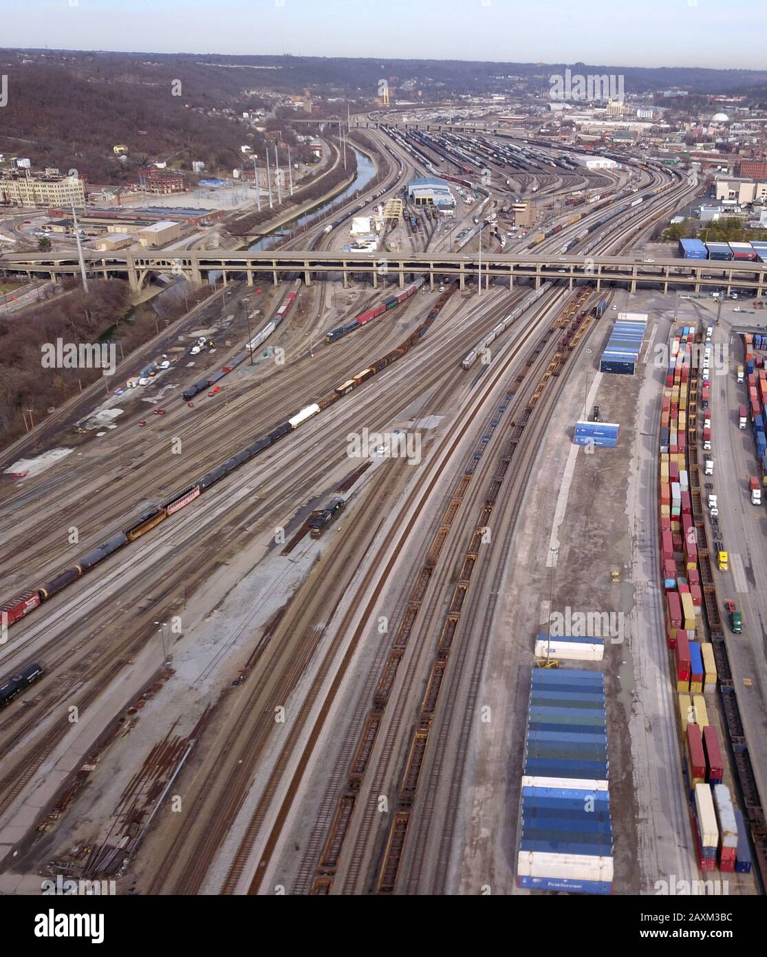 Drone aerial Train rail yard Cincinnati OHio usa Stock Photo