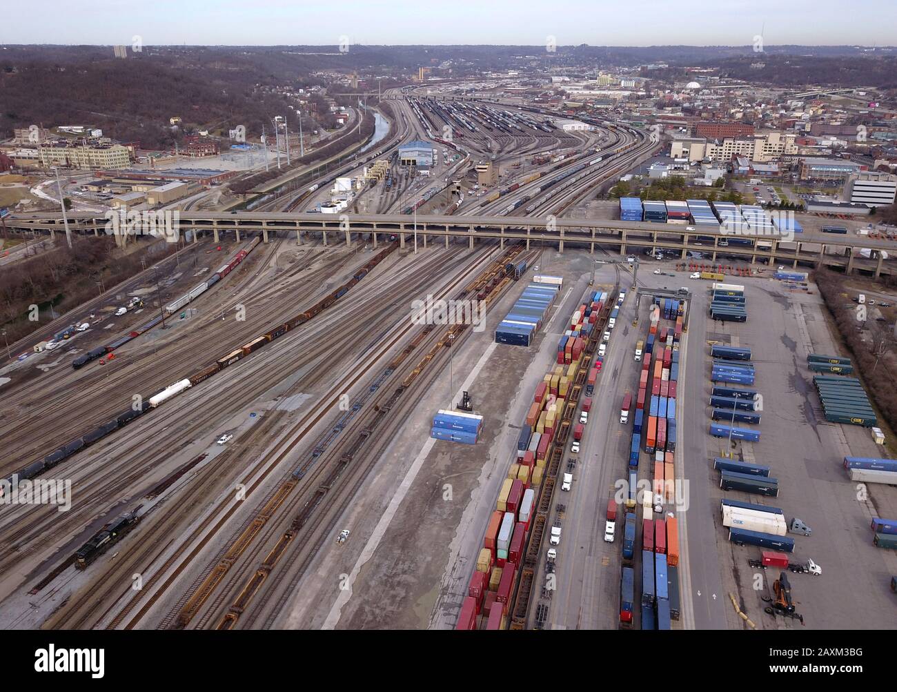 Drone aerial Train rail yard Cincinnati OHio usa Stock Photo