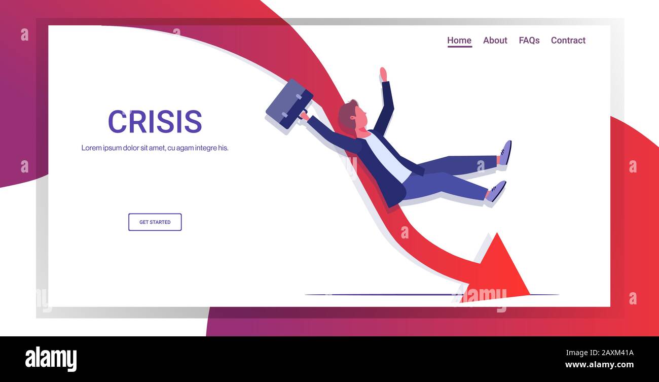 businessman sliding down falling economic arrow financial crisis ...