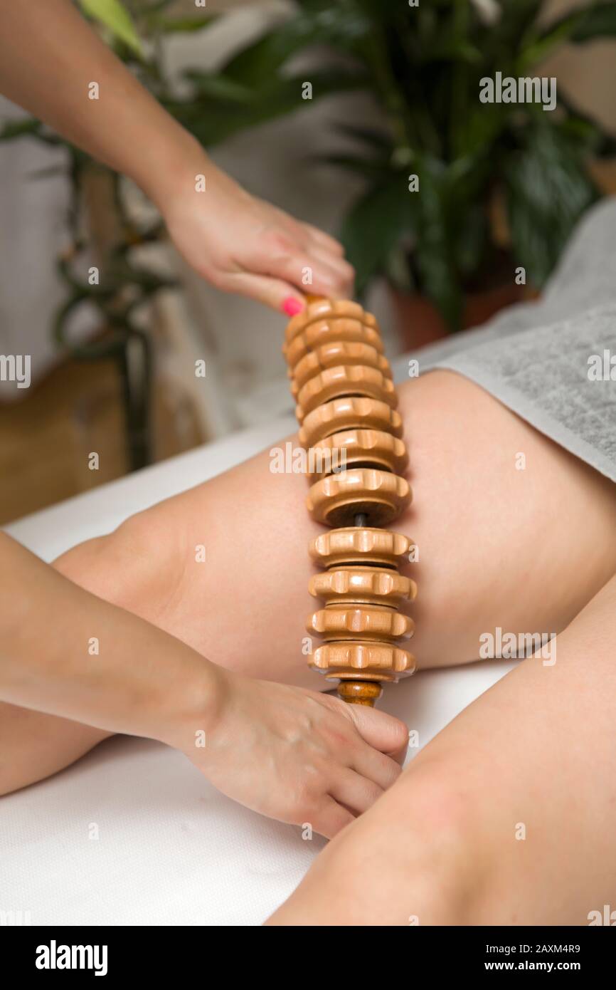 Closeup Of The Maderotherapy Anti Cellulite Massage With Wooden Roller Massager Stock Photo Alamy