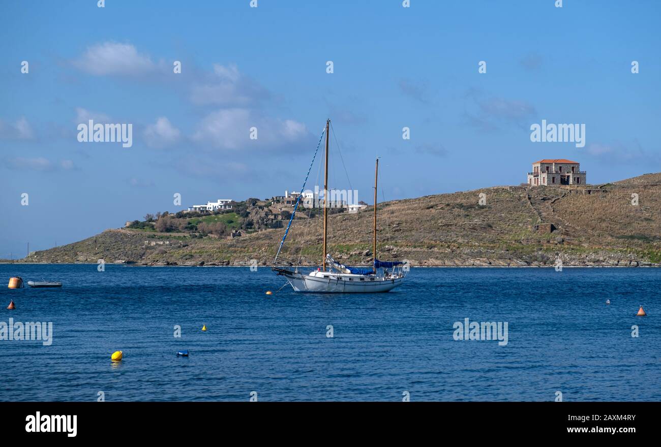 Tzia, Kea, Greece. Sailing boat moored at Vourkari cove. Island for