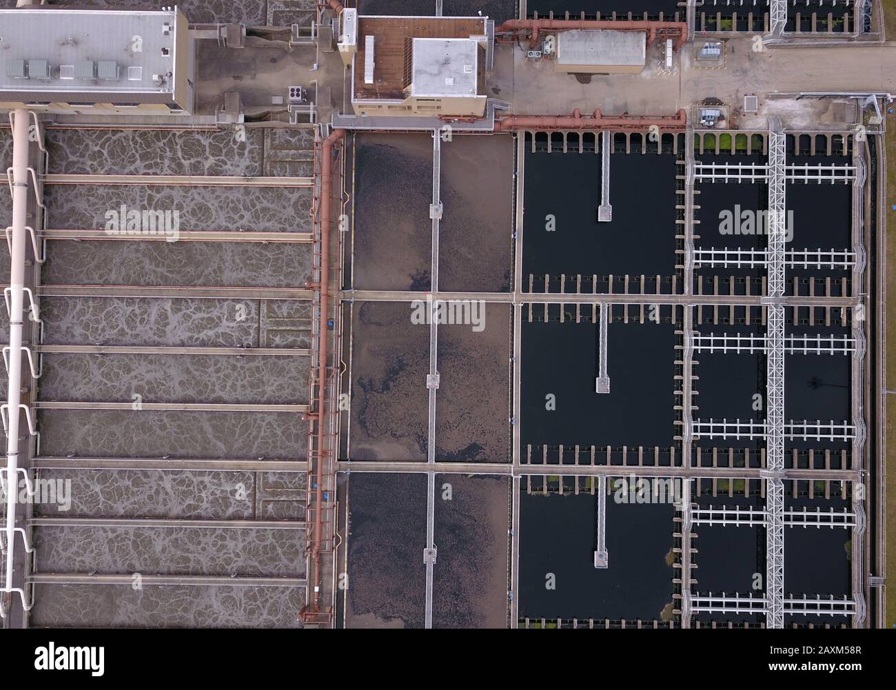 Drone aerial Sewage wastewater treatment ponds plant Cincinnati Ohio USA Stock Photo