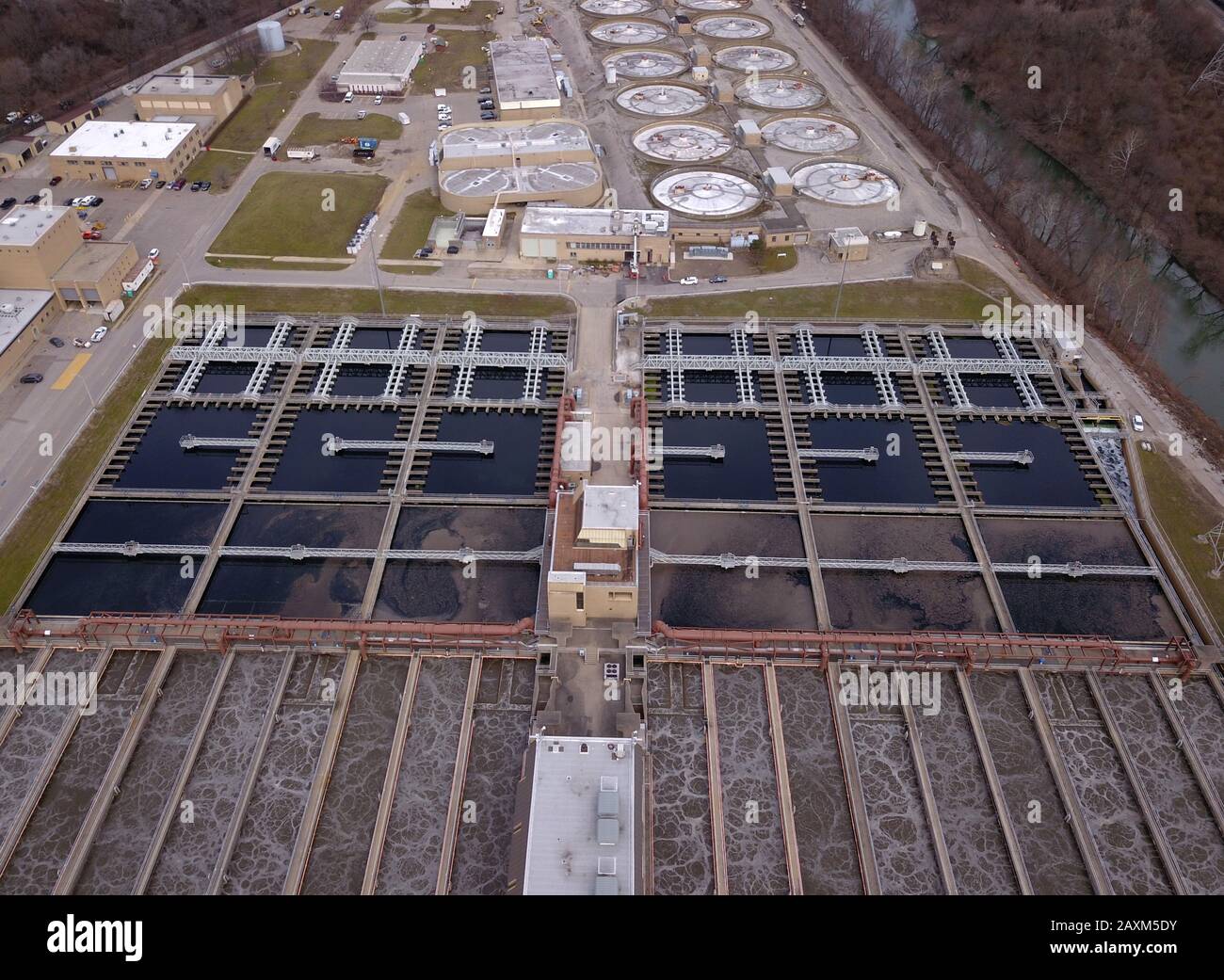 Drone aerial Sewage wastewater treatment ponds plant Cincinnati Ohio USA Stock Photo