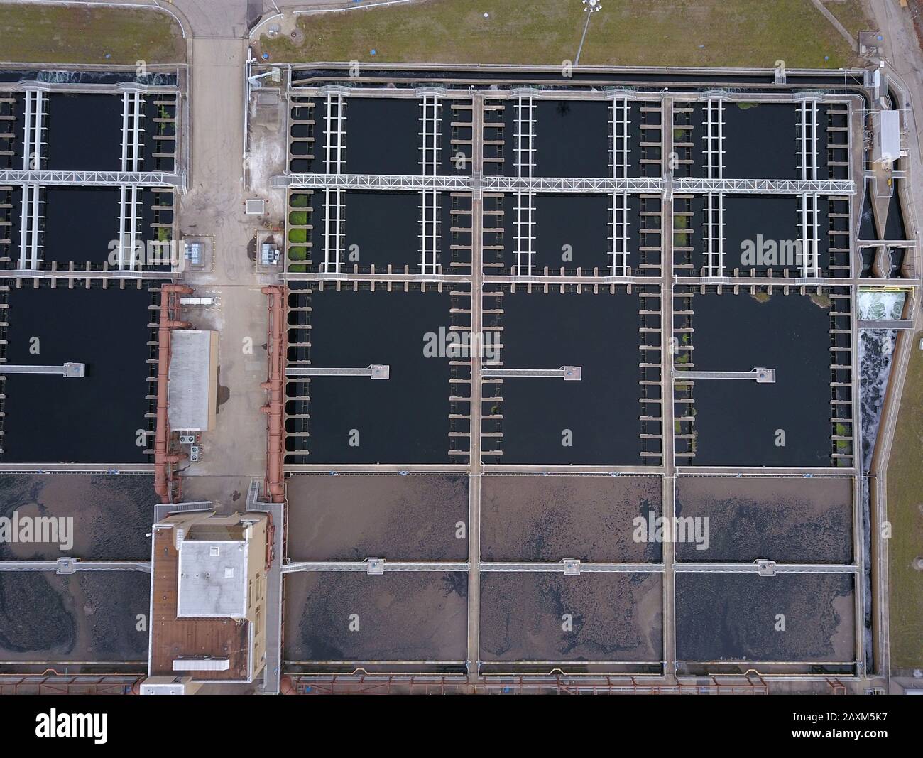 Drone aerial Sewage wastewater treatment ponds plant Cincinnati Ohio USA Stock Photo