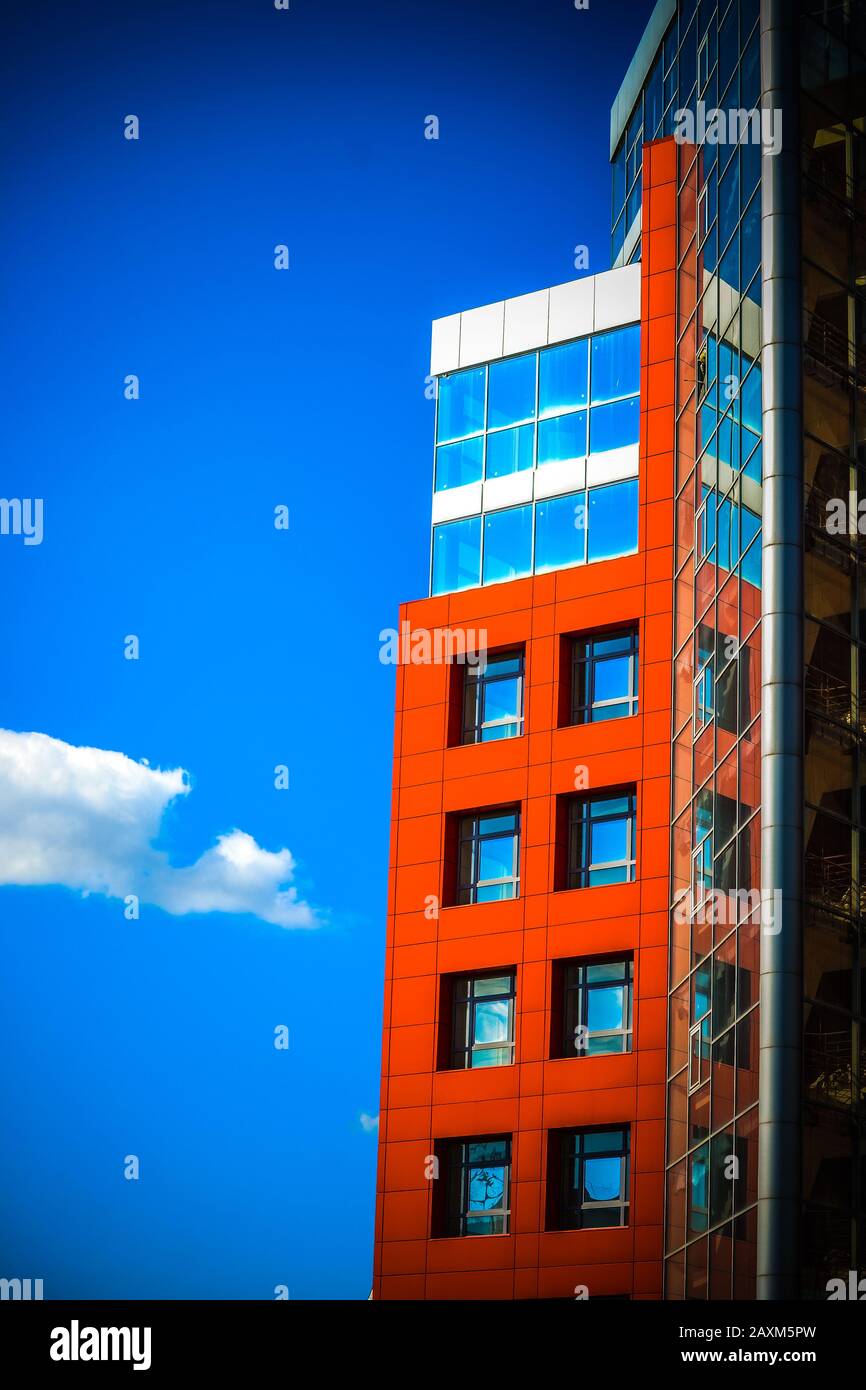 Square Red Window modern building with a red square windows and mirrored glass on the ...