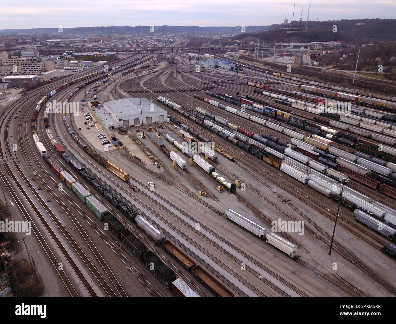 Drone aerial train rail yard  Cincinnati Ohio Stock Photo