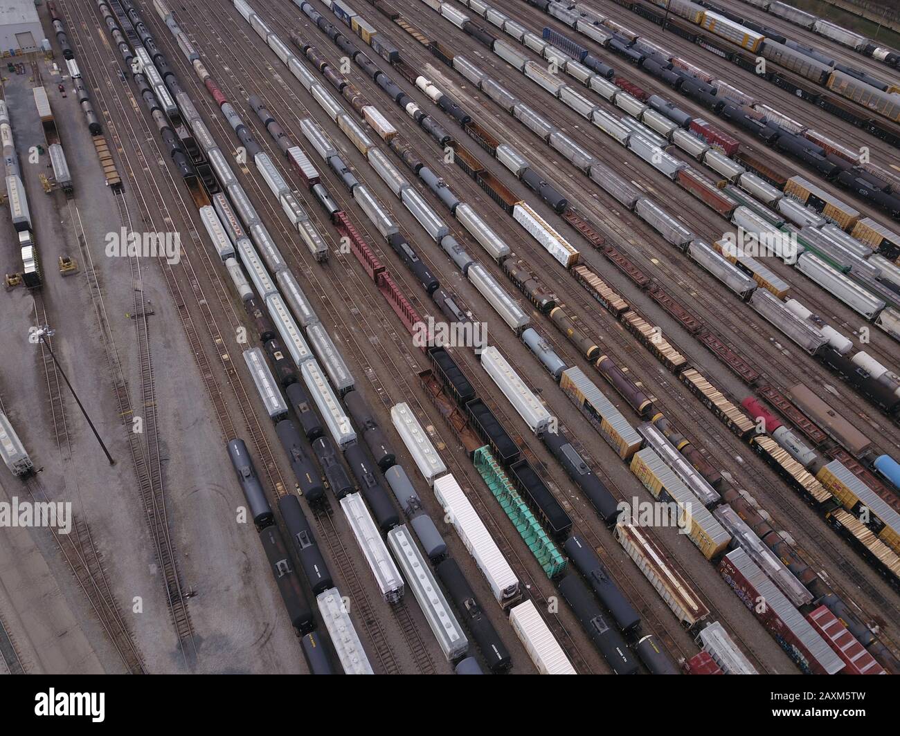 Drone aerial train rail yard Cincinnati Ohio Stock Photo