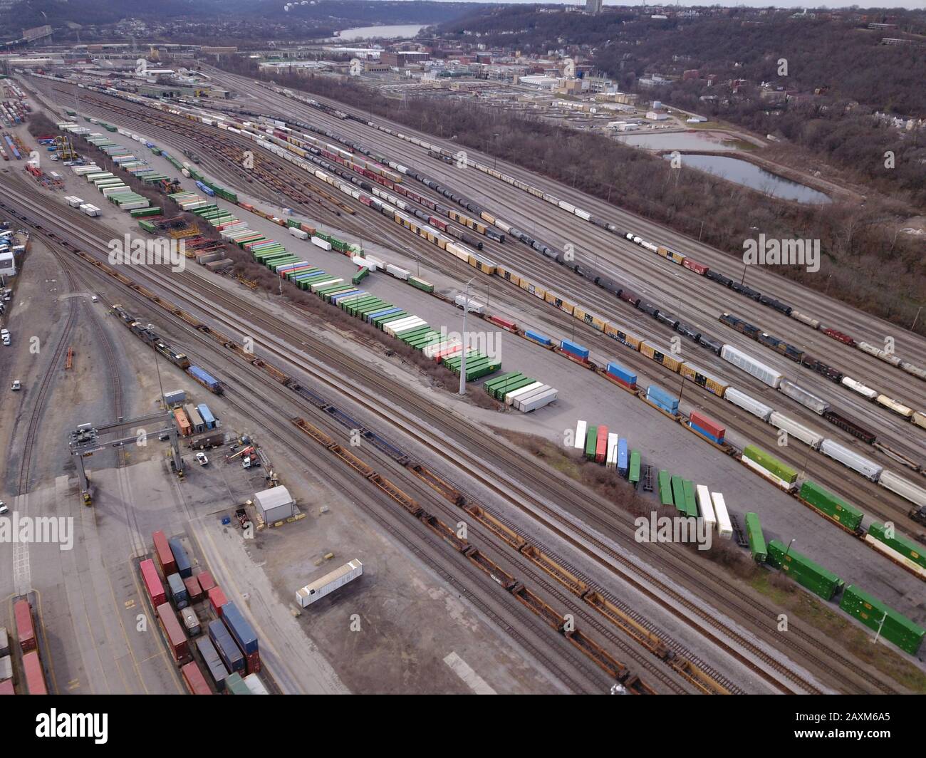 Drone aerial train rail yard Cincinnati Ohio Stock Photo
