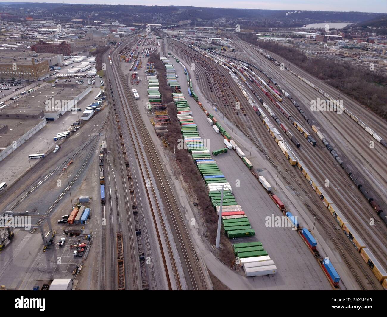 Drone aerial Container truck loading train rail yard  Cincinnati Ohio Stock Photo