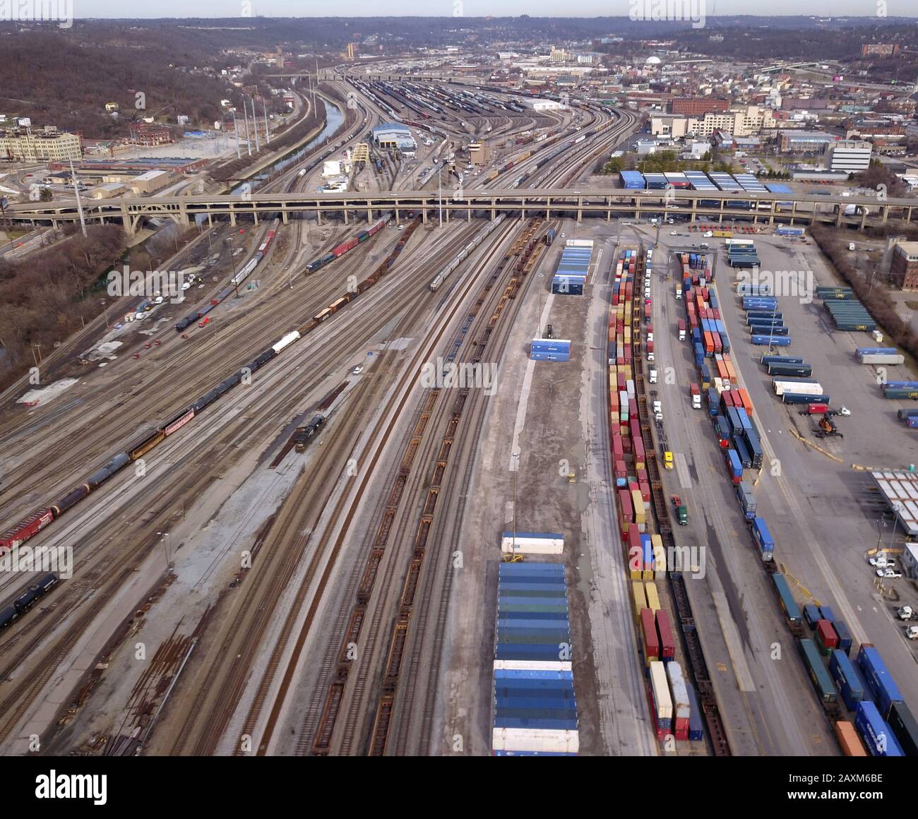 Drone aerial Container truck loading train rail yard Cincinnati Ohio Stock Photo