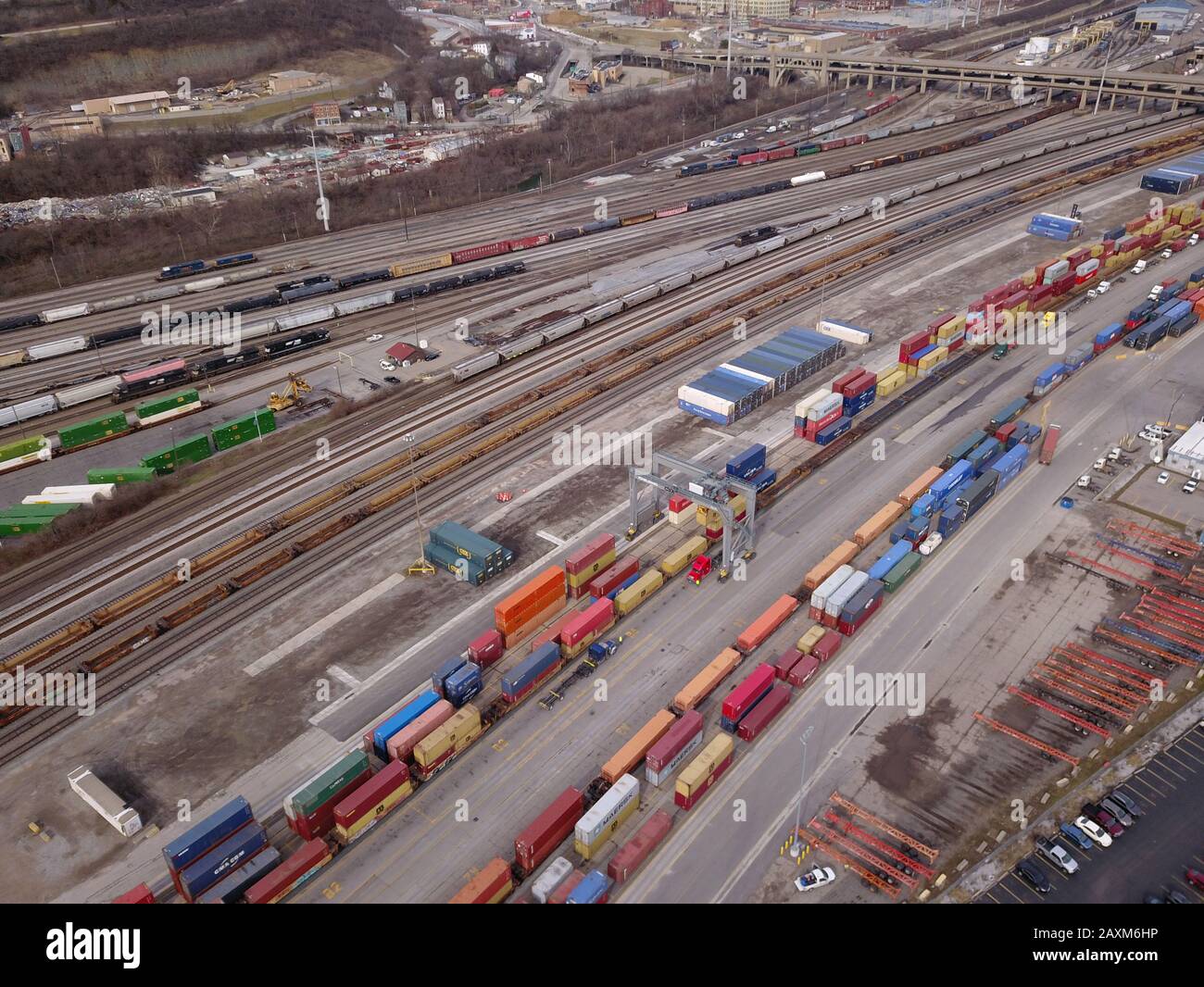 Drone aerial Container truck loading train rail yard Cincinnati Ohio Stock Photo