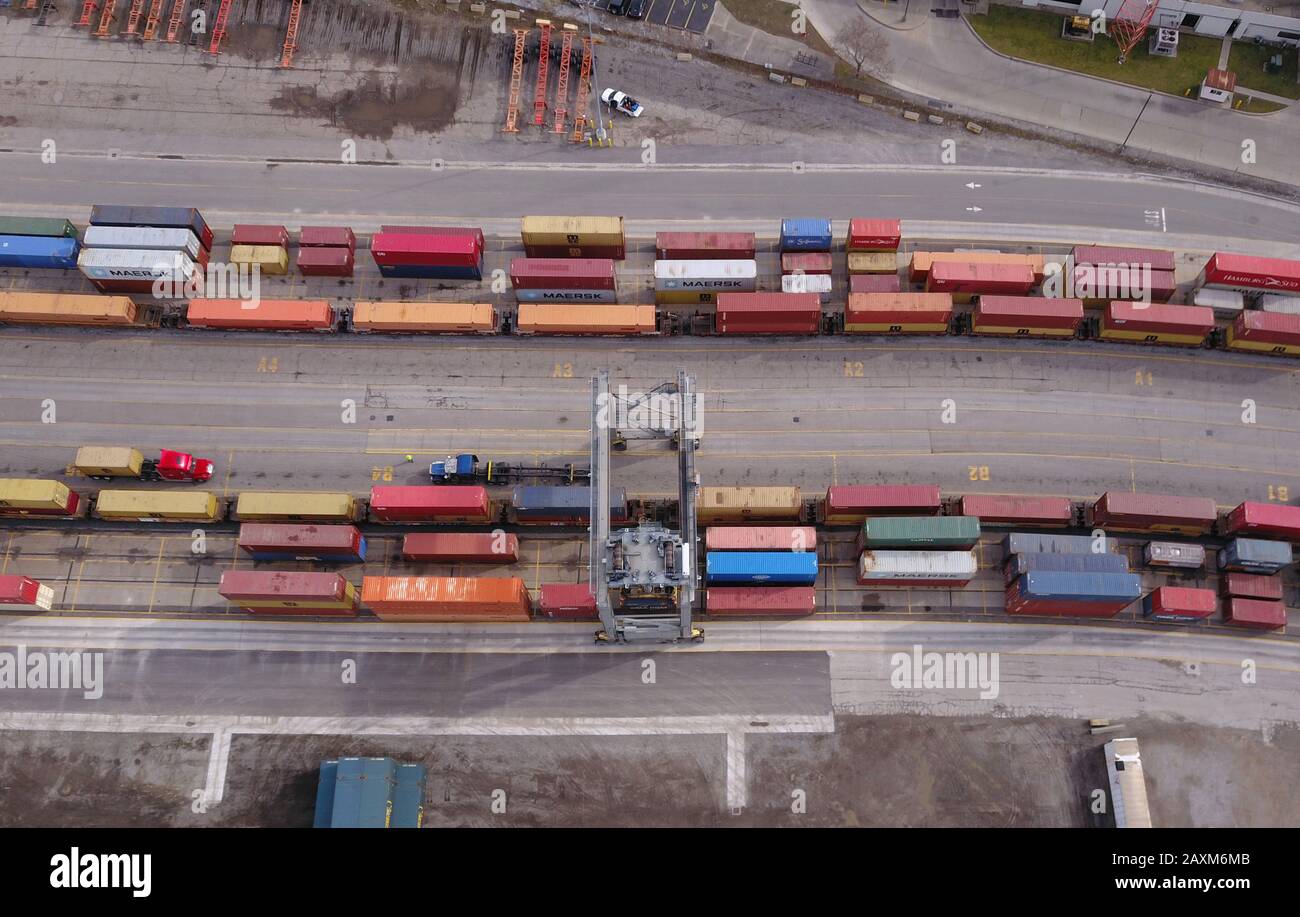 Drone aerial Container truck loading train rail yard  Cincinnati Ohio Stock Photo