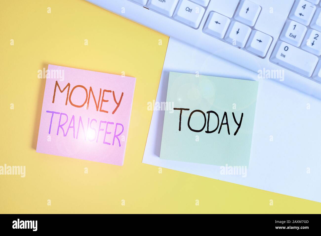 Handwriting text writing Money Transfer. Conceptual photo The act of  transferring money from one place to another place Paper with copy space  and keyb Stock Photo - Alamy