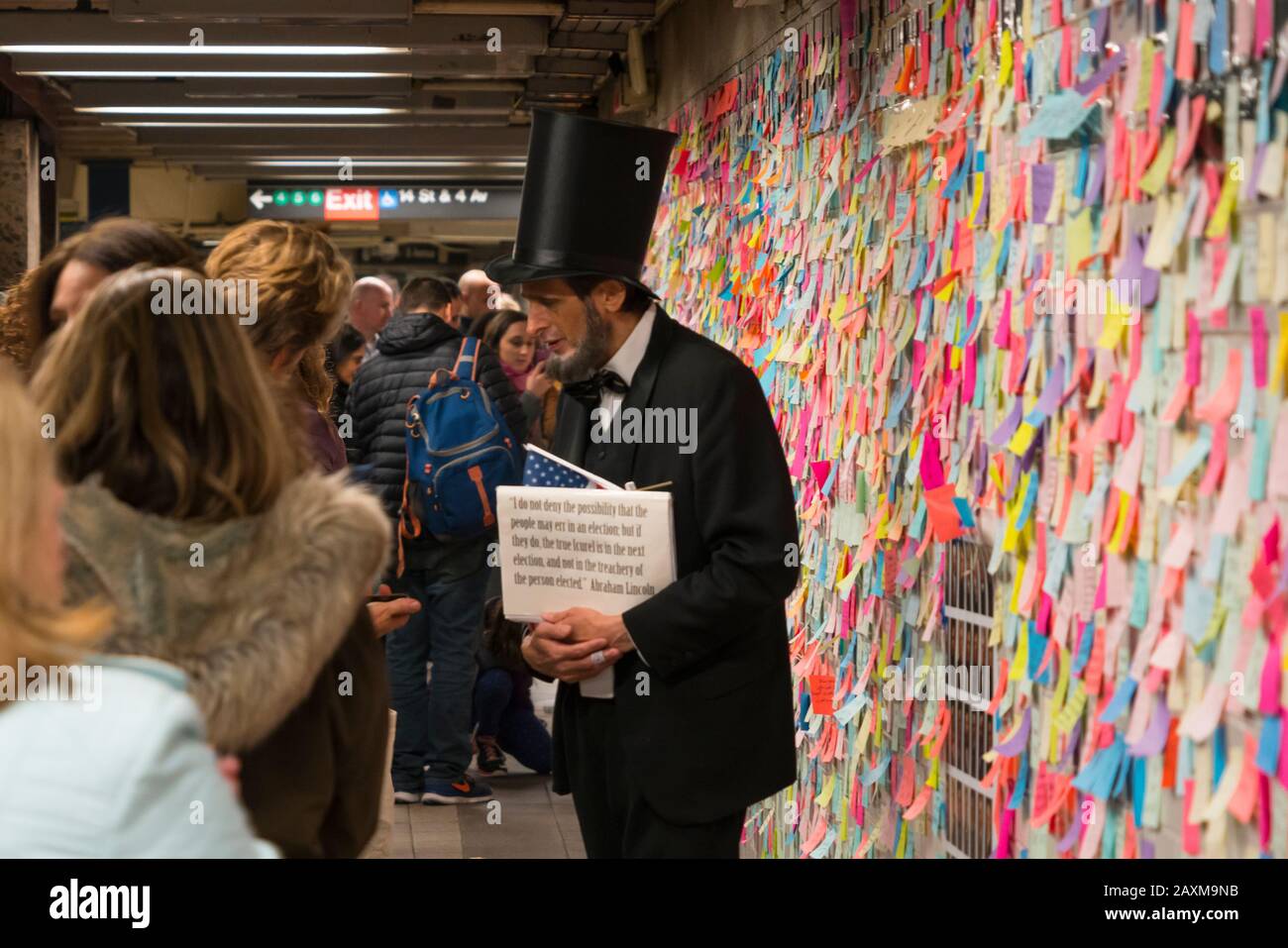 New Yorkers cover the subway station wall in emotional election sticky notes after the presidential election 2016 at Union Square Station New York USA. Stock Photo