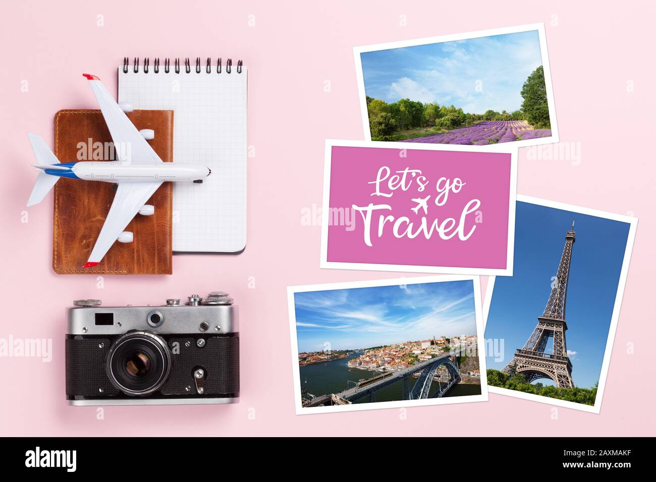 Travel concept with, vacation photos, airplane, camera and passport. Top view flat lay with copy space Stock Photo