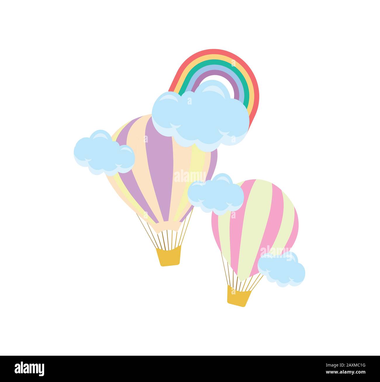 two beautiful balloons with clouds and a rainbow - childrens vector illustration, baby shower Stock Vector