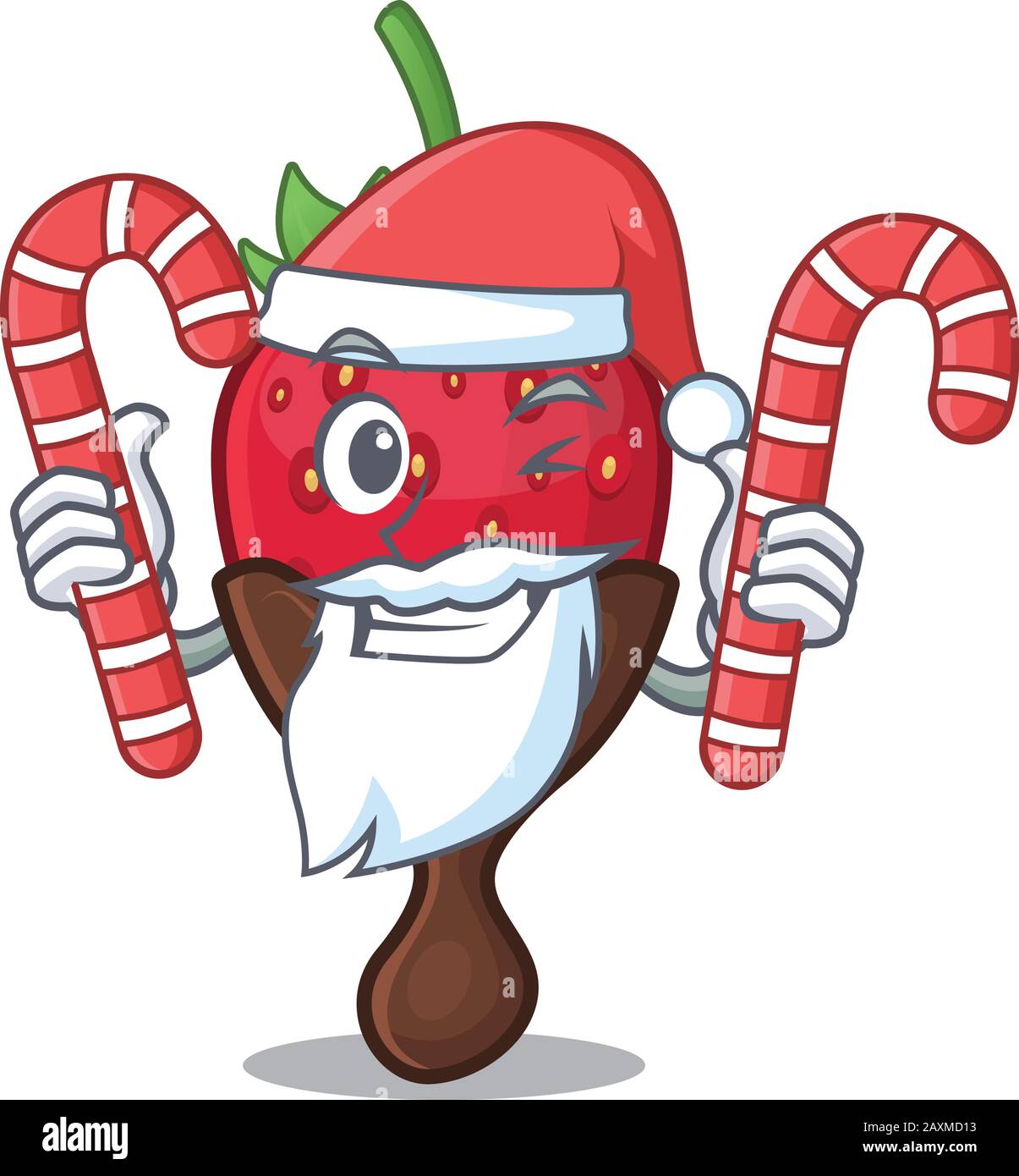 Chocolate strawberry Cartoon character wearing Santa costume bringing a candy Stock Vector