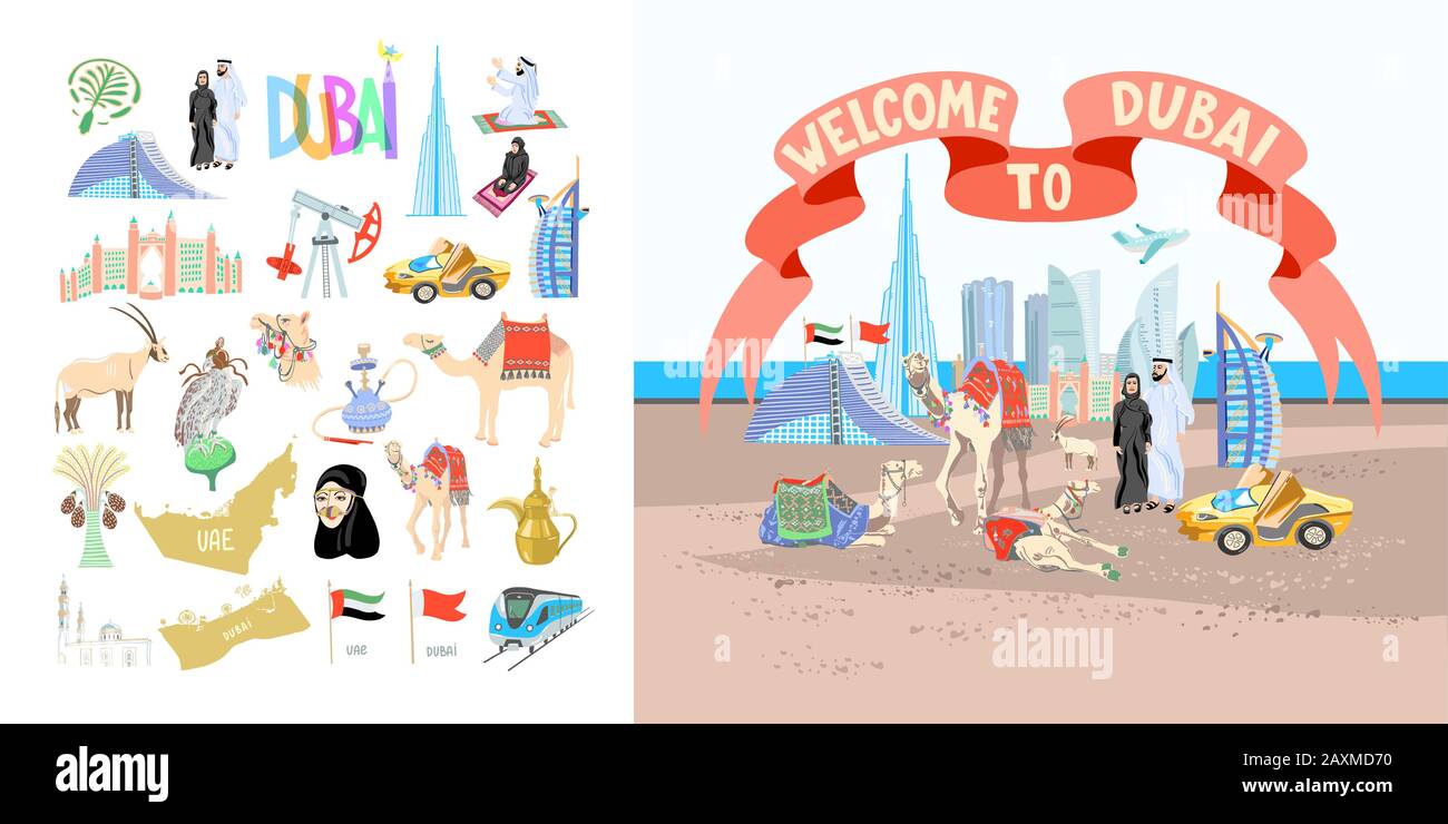to Dubai poster with set of hand drawing symbols icons of Dubai