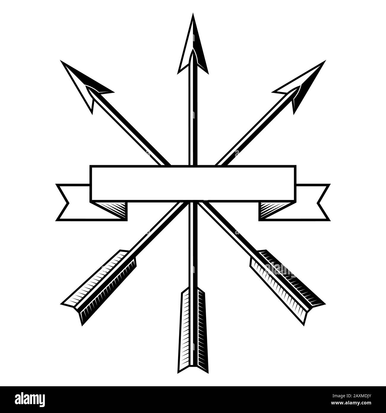Design with arrows. Arrows of an Archer. A bunch of three vintage arrows and a ribbon Stock Vector