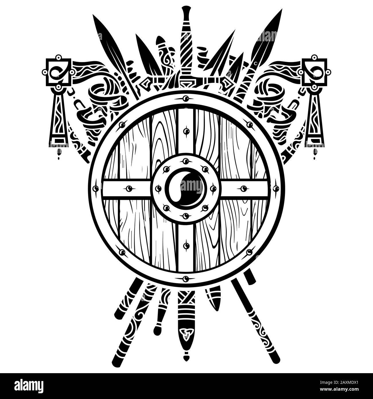 Viking design. Viking shield and swords. Set of medieval weapons, swords and spears of warriors Stock Vector