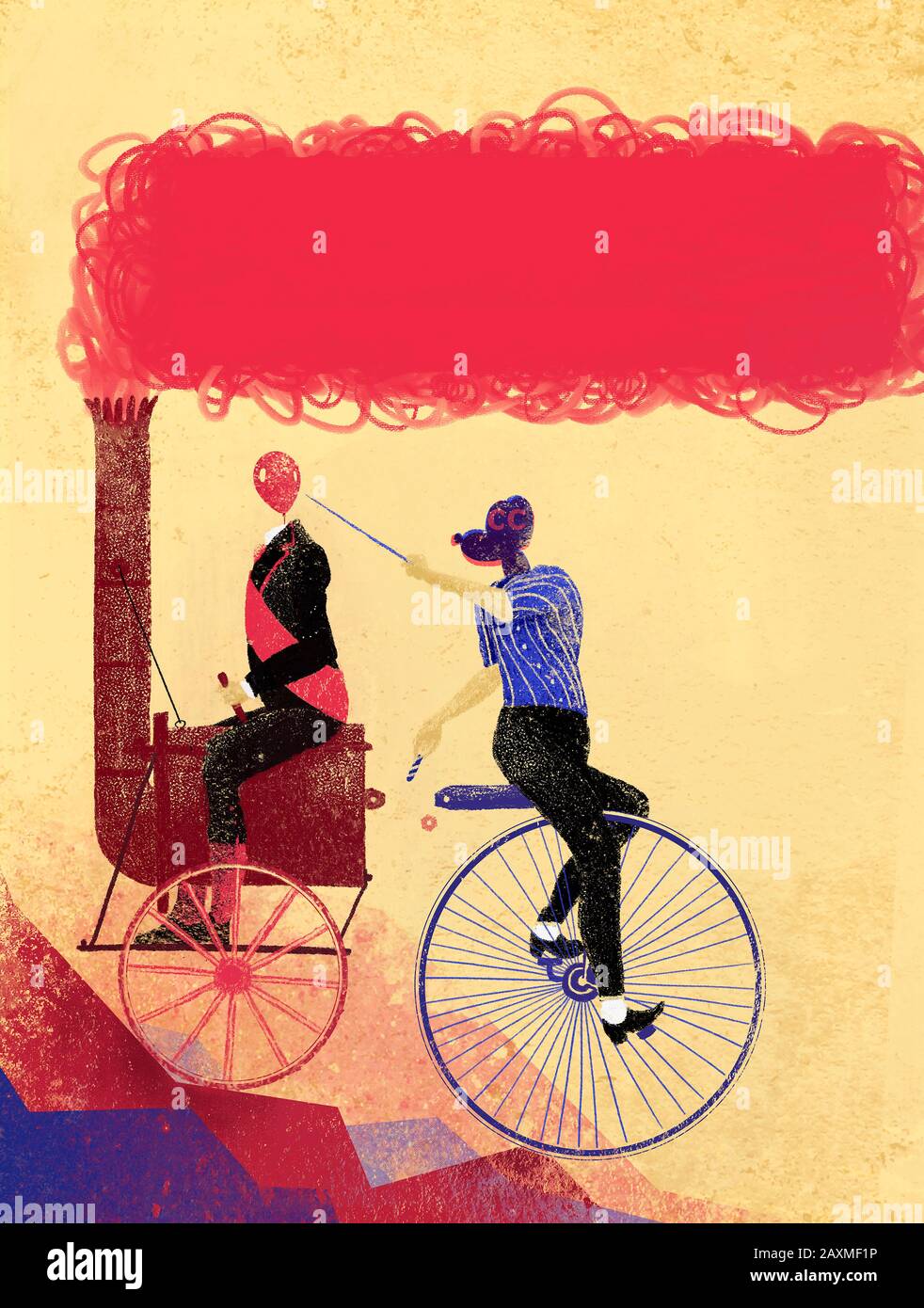 Man on unicycle disconnecting coupling with man driving steam engine and popping balloon head Stock Photo